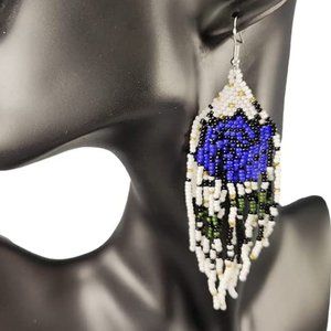 Long 4.5" Handmade Beaded Dark Blue Rose Earrings Large Roses Beads Handcrafted